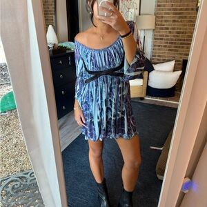 Vintage Y2K Elegant Blue Patterned Mini Dress